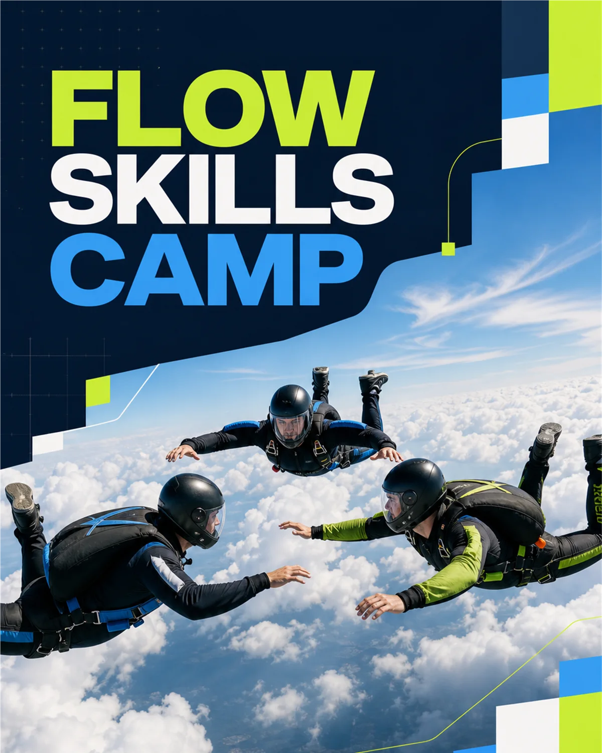 FLOW Skills Camp event artwork in lime green, sky blue and deep navy