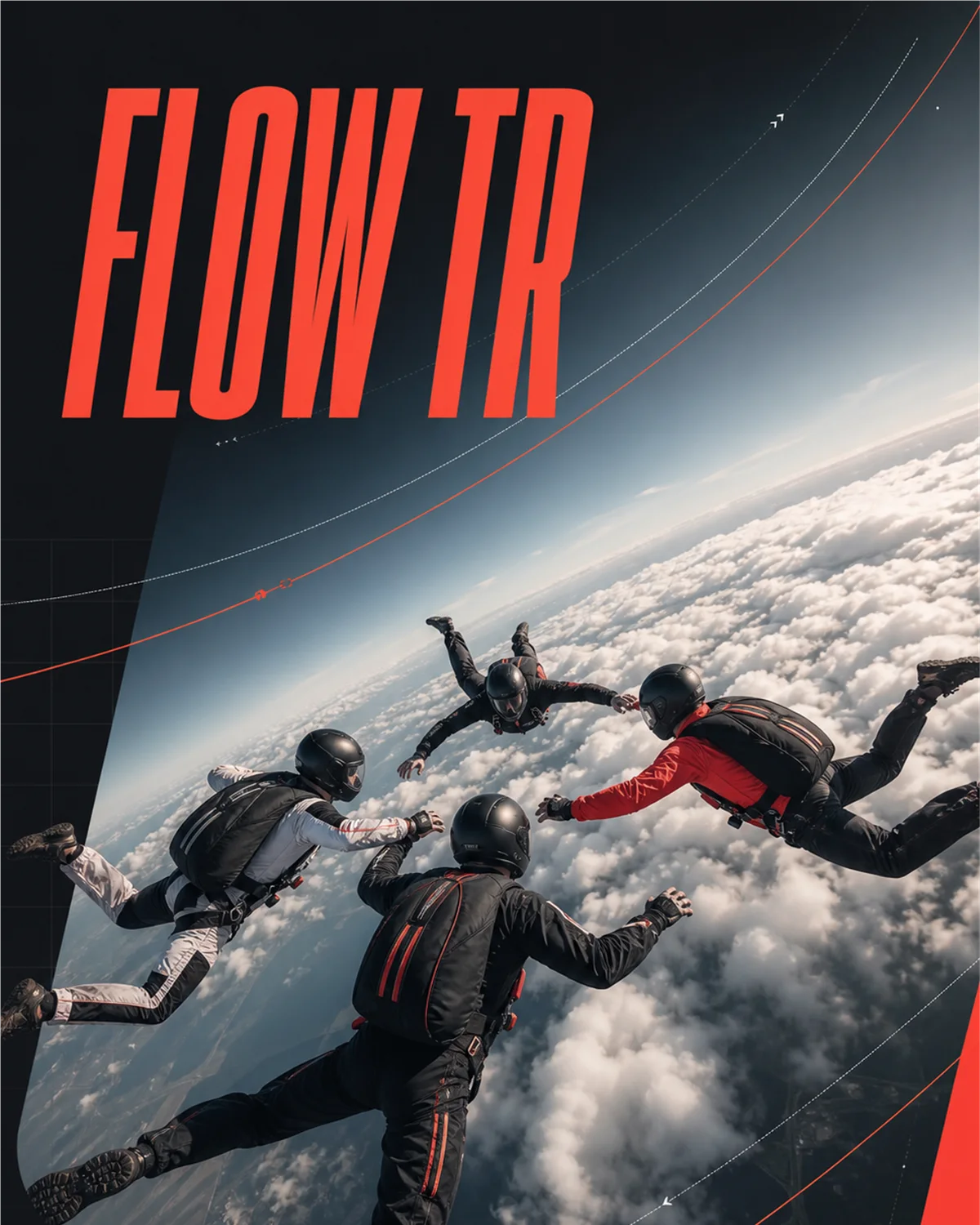 FLOW TR event artwork in coral red and charcoal with tracking flight paths